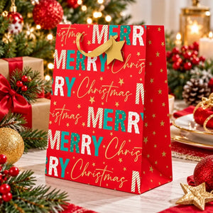 Colourful Merry Christmas present bag with teal, white and gold text