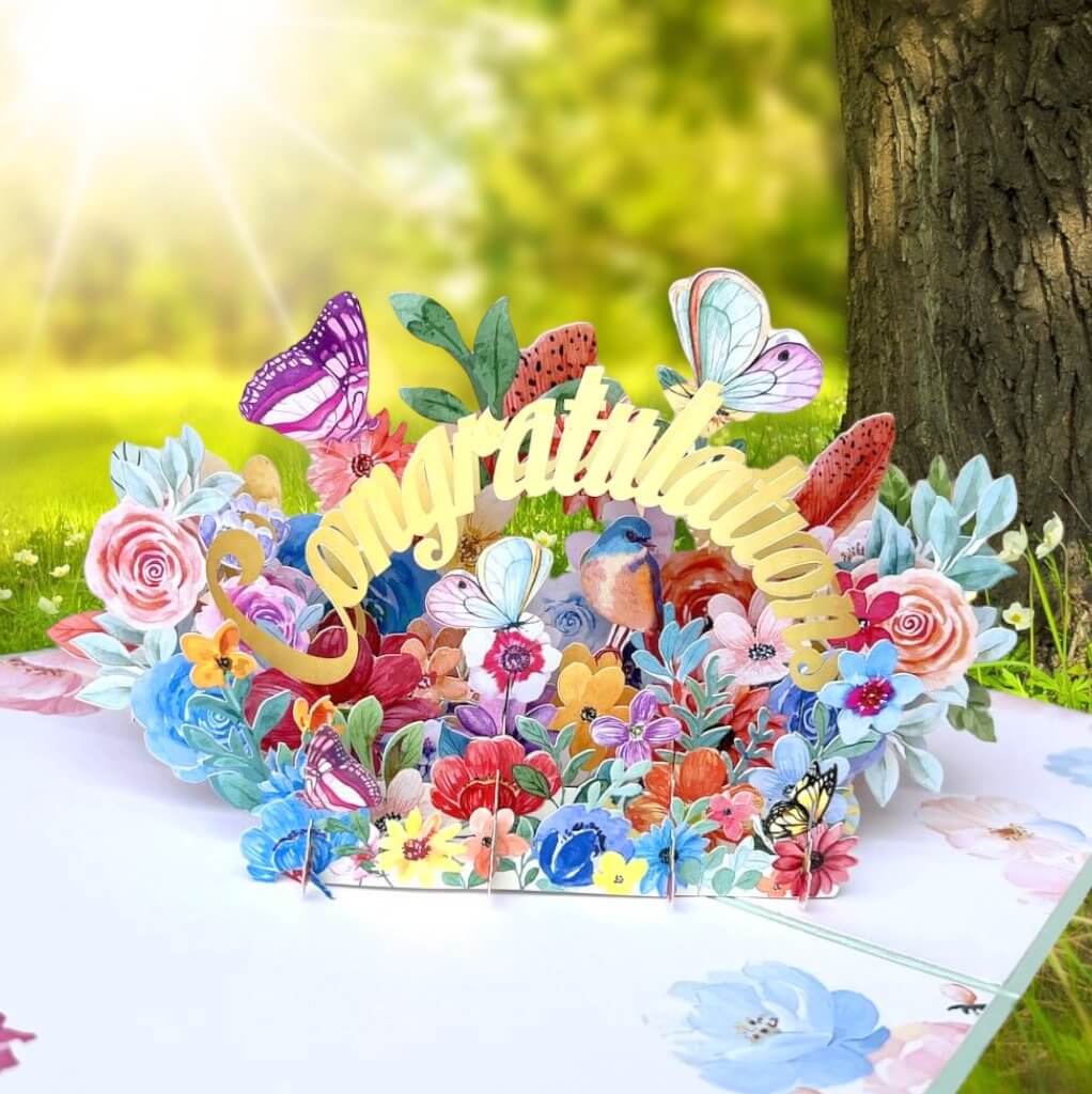 CONGRATULATIONS in Spring Garden 3D Pop Up Greeting Card - Blue Cover