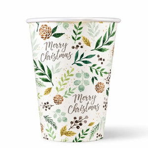 Merry Christmas paper cup decorated with leaves, berries and pinecones
