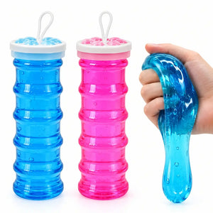 Blue and pink crystal slime in clear reusable storage tubes
