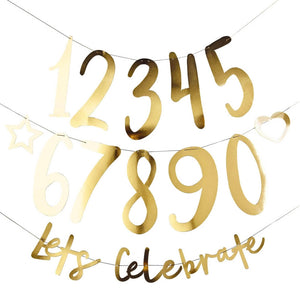 Party banner with gold letters and customisable numbers