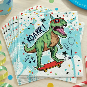 Dinosaur party napkin featuring a bold ROARR message