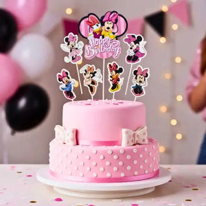Seven-piece Minnie Mouse cake topper set featuring Happy Birthday, Minnie Mouse and Daisy Duck
