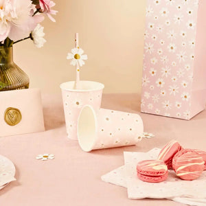 250ml daisy paper cups with pink background for garden or birthday party