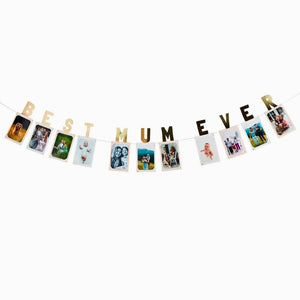 DIY photo bunting with family pictures for mum birthday celebration