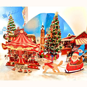 3D pop-up Christmas card featuring dogs in snowy amusement park