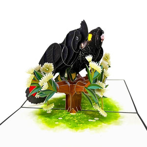 Handmade Yellow Tailed & Red Tailed Black Cockatoo On Gold Gum Blossom 3D Origami Pop Up Native Bird Greeting Card