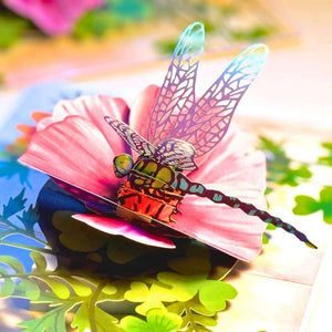 Dragonfly Attracting Cosmos Flowers 3D Pop Up Greeting Card