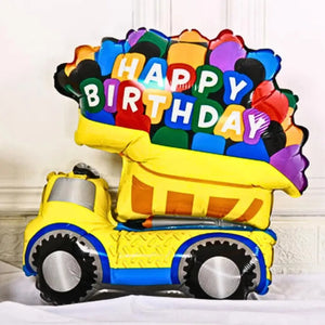 Yellow happy birthday dumper truck balloon for construction party