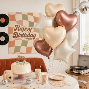 Neutral boho tone heart and star party balloons