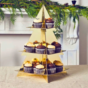 Festive Folklore gold Christmas tree cake stand three-tier design for holiday desserts