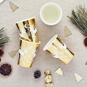 Festive Folklore Reindeer Paper Cups 250 ml pack of 8 with gold foil reindeer design