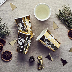 Gold-foiled reindeer Christmas paper cups for holiday parties and dinners