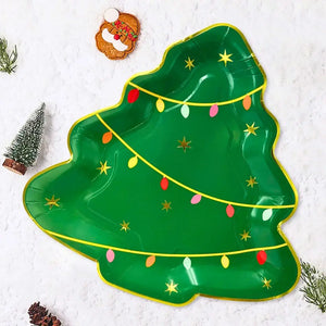 Green Christmas tree shaped paper plate with gold trim and festive lights