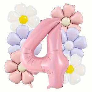 Pastel matte Daisy and Pink Number Balloon Bouquet for Baby Shower number 4