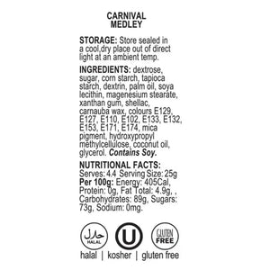 Label for 'Carnival Medley' with storage, ingredients, nutritional facts, and certification logos