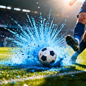 Gender reveal soccer ball with blue powder explosion