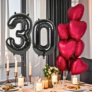 32" Giant Black Number 30 Foil Balloons Party Balloons Decorations with red heart foil balloons