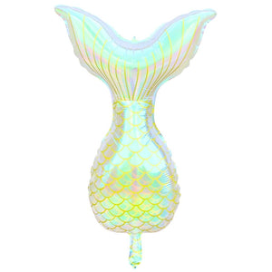 Iridescent mermaid tail-shaped balloon on a white background