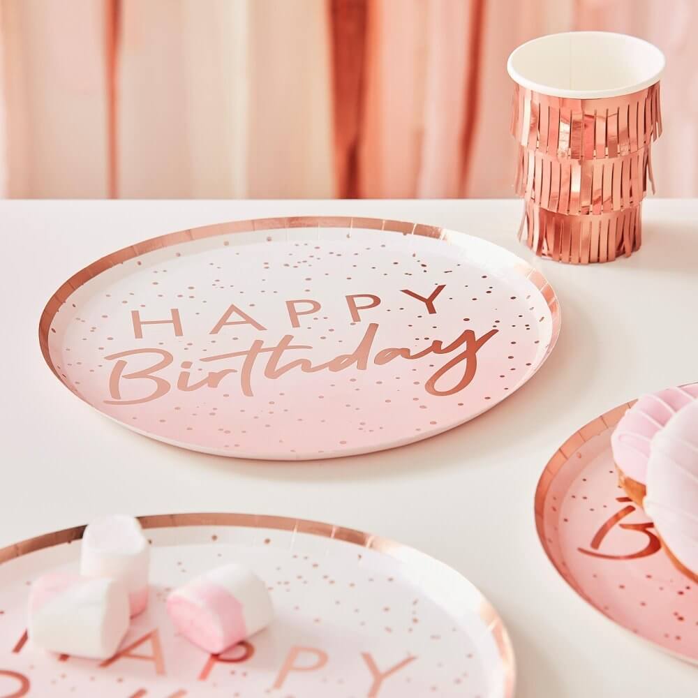 Ginger Ray Ombre Rose Gold Mix It Up Happy Birthday Paper Plate 8 Pack