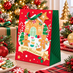 Red Christmas present bag featuring a colourful gingerbread house