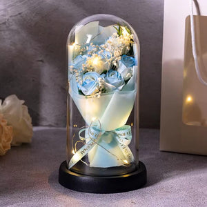 Forever Blue Rose Bouquet in Glass Dome w/ LED Light