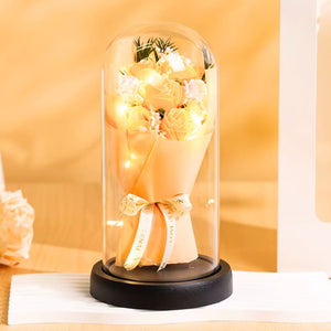 Forever Champagne Rose Bouquet in Glass Dome w/ LED Light