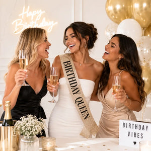 Deluxe Sparkly Glitter Champagne Gold BIRTHDAY QUEEN Party Sash - Black Foil Print