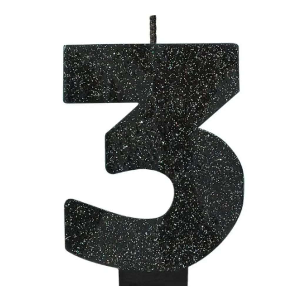 Glitter Black Numeral Candle - Number 3