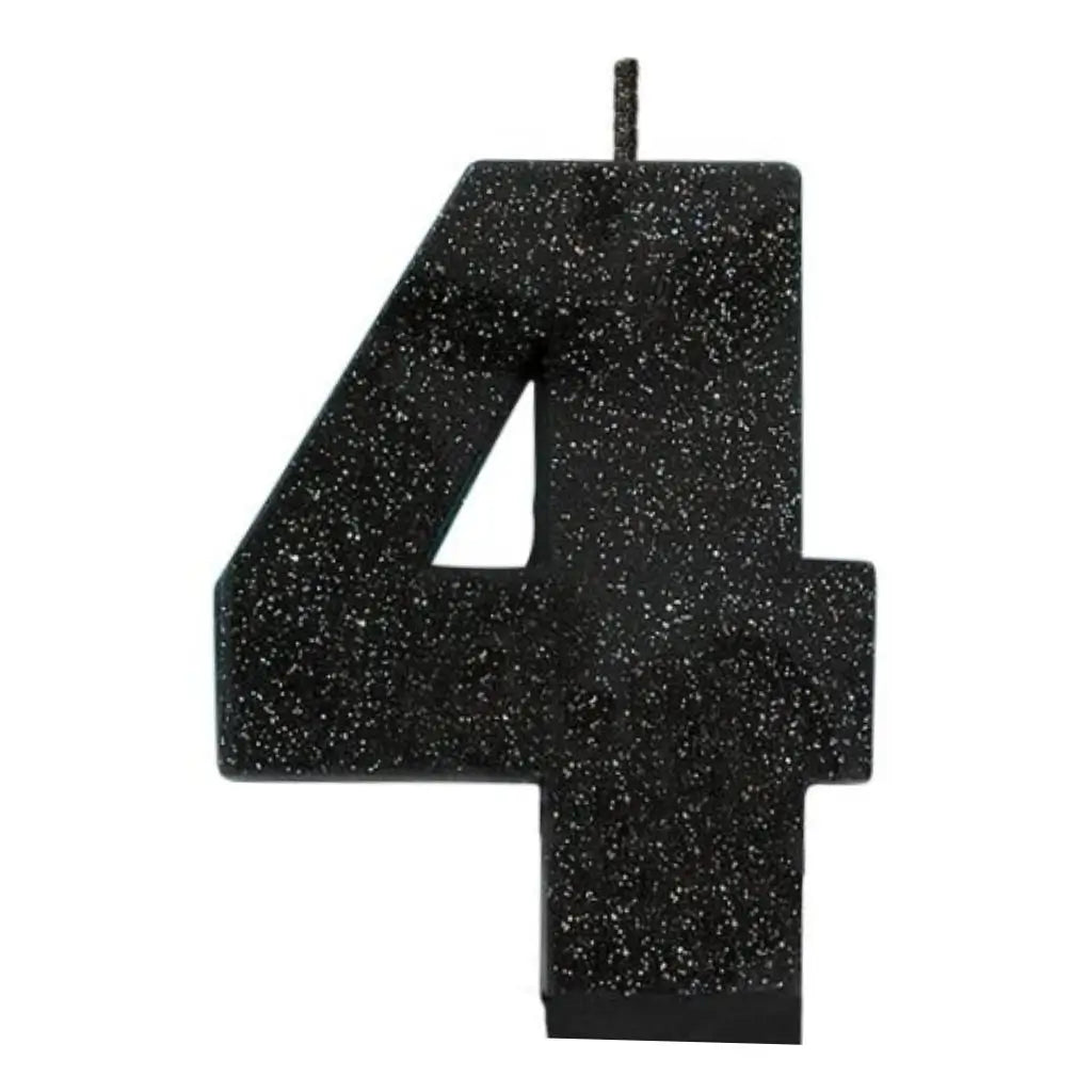 One Glitter Black Numeral Candle - Number 4.