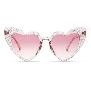 Glitter Clear love Heart Shaped Plastic Party Sunglasses - Pink Lenses