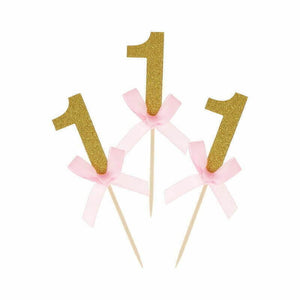 Gold Glitter Number One Paper Pink Ribbon Cupcake Topper 6 Pack