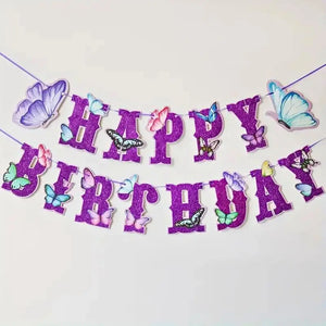 Glitter Purple Happy Birthday Butterfly Paper Banner