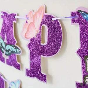 Glitter Purple Happy Birthday Butterfly Paper Banner