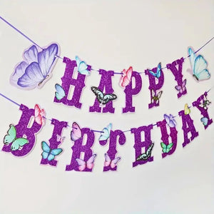 Glitter Purple Happy Birthday Butterfly Paper Banner
