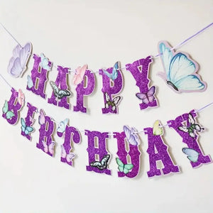 Glitter Purple Happy Birthday Butterfly Paper Banner
