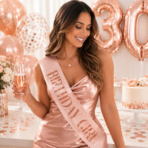 Deluxe Glitter BIRTHDAY GIRL Rose Gold Sash - Rose Gold Foil Print
