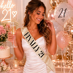 Deluxe Glitter Champagne Gold FINALLY 21 Party Sash - Black Foil Print