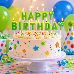 Glow in the dark happy birthday candles on cake