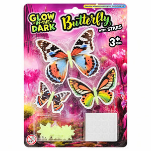 Glow-in-the-dark butterfly and star decorations in a fifteen-piece pack