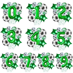 Soccer party balloon bundle with green number foil and soccer ball balloons
