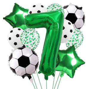 Soccer team victory party balloons in green, black and white number 7