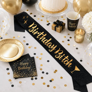 Black Glitter 'Birthday Bitch' Sash - Gold Foil Print