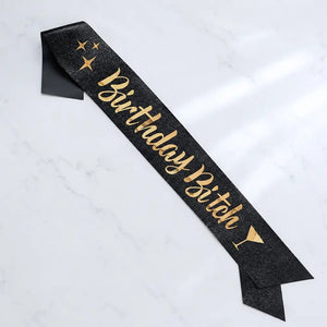 Black Glitter 'Birthday Bitch' Sash - Gold Foil Print