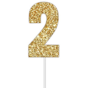 Gold glitter number 2 numeral birthday cake topper