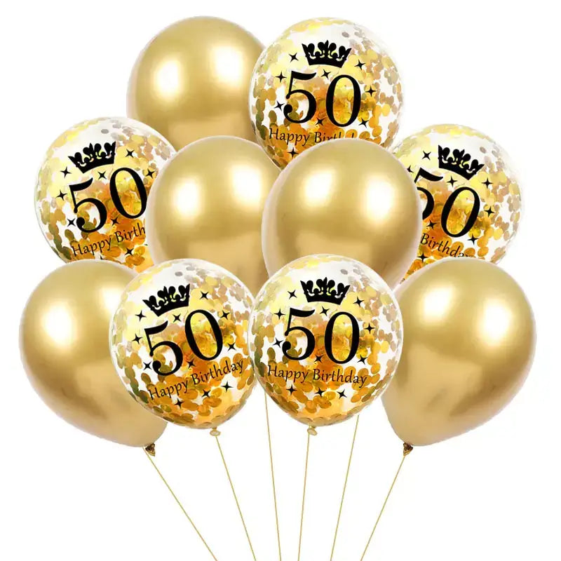 12-inch Chrome Gold Happy 50th Birthday Confetti Balloons 10 Pack