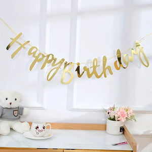 Metallic gold Foil Happy Birthday Bunting GarlandMetallic Silver Foil Happy Birthday paper banner Bunting Garland
