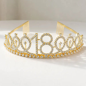 Premium Quality Gold Metal Rhinestone 18th Birthday Tiara - 18th Birthday Party Hair Accessory