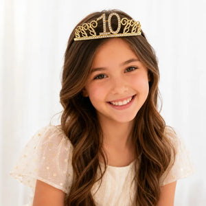 Gold Metal Rhinestone Age 10 Birthday Princess Tiara
