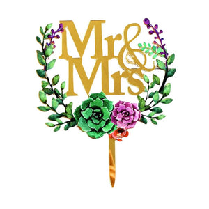 Acrylic 'Mr & Mrs' Floral Wreath Cake Topper - Gold Mirror